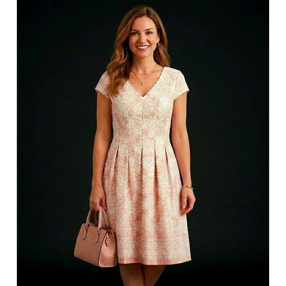 Jessica Howard Dress 8 Pink White Floral Lace Fit & Flare V-Neck Knee Length